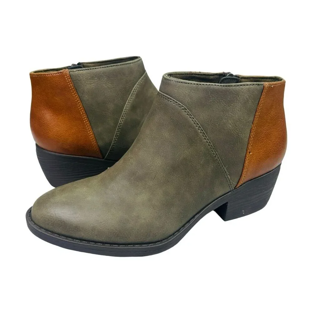 Melrose Avenue Speed Dial Vegan Leather Ankle Booties - Olive/Cognac - Size 7.5